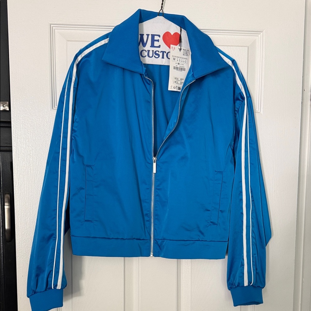 Zara gorgeous turqoise bomber Jacket with White Stripes